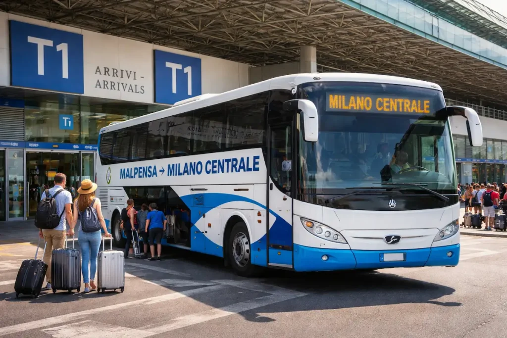 Malpensa Airport bus to Milan Central Station outside Terminal 1 arrivals area
