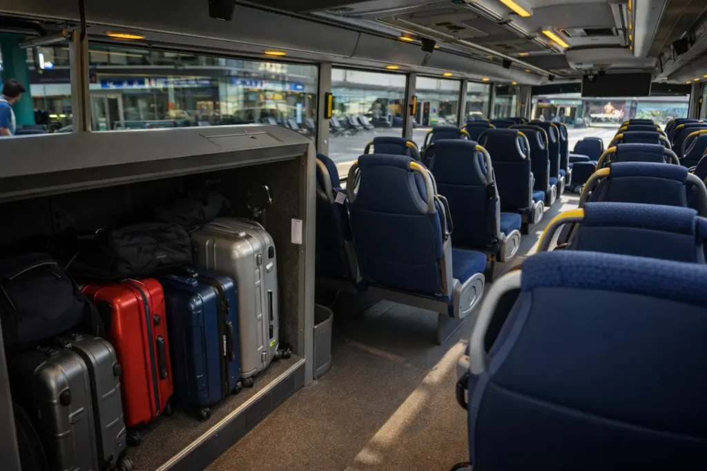 Interior of Malpensa Airport shuttle bus with luggage storage