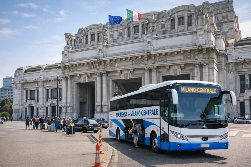 Milan Central Station arrival area near airport bus stop