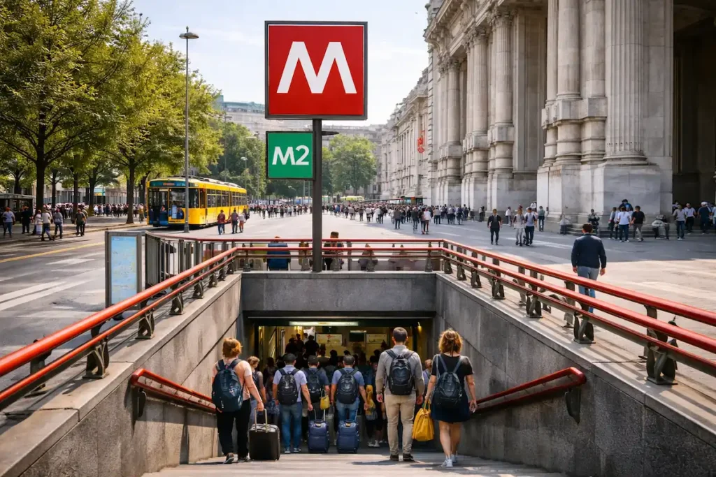 Metro entrance at Milan Central Station connecting to city center