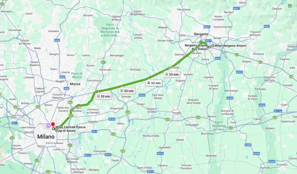 Route map from Orio al Serio Airport to Milan Central Station

