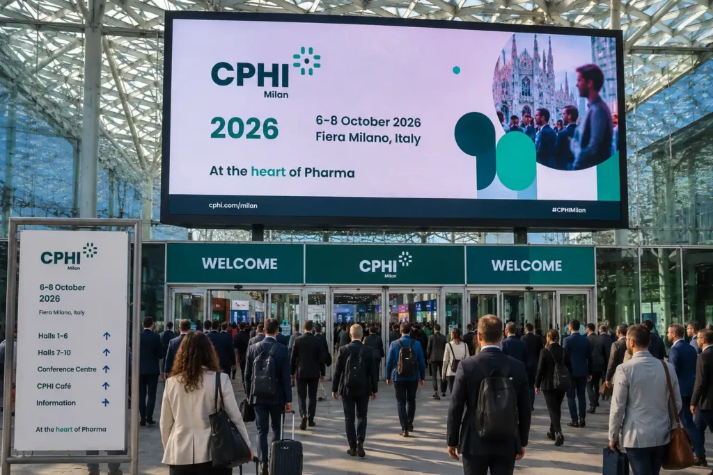 Ingresso di Fiera Milano durante CPHI Milan, la principale fiera internazionale dell'industria farmaceutica.
